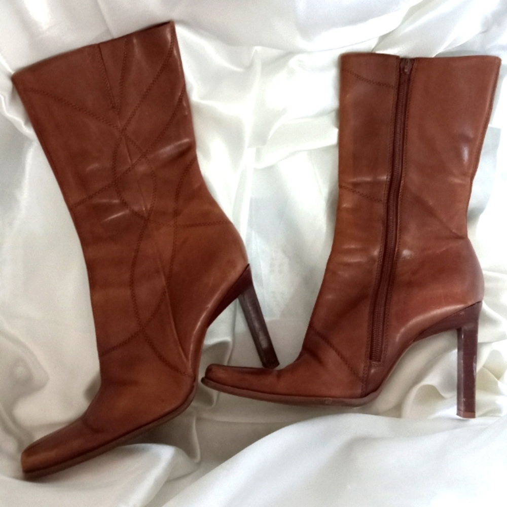 Diba Brown Leather High-Heel Mid-Calf Boots